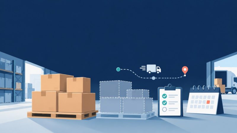 Складской стол с разделенным B2B-заказом, палетой, календарем и маршрутом частичной отгрузки.