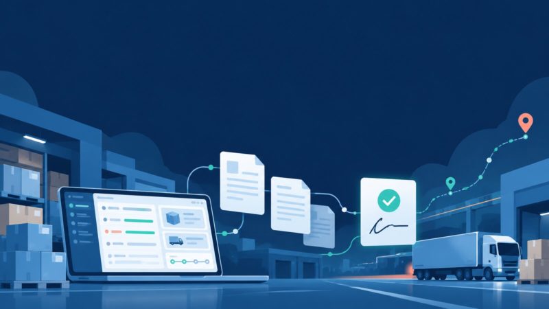 Абстрактный B2B-процесс с электронными документами, коробками, подписью и доставкой на темном фоне.