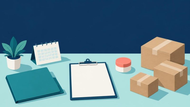 Клипборд, календарь и коробки на рабочем столе для планирования B2B-заказа.